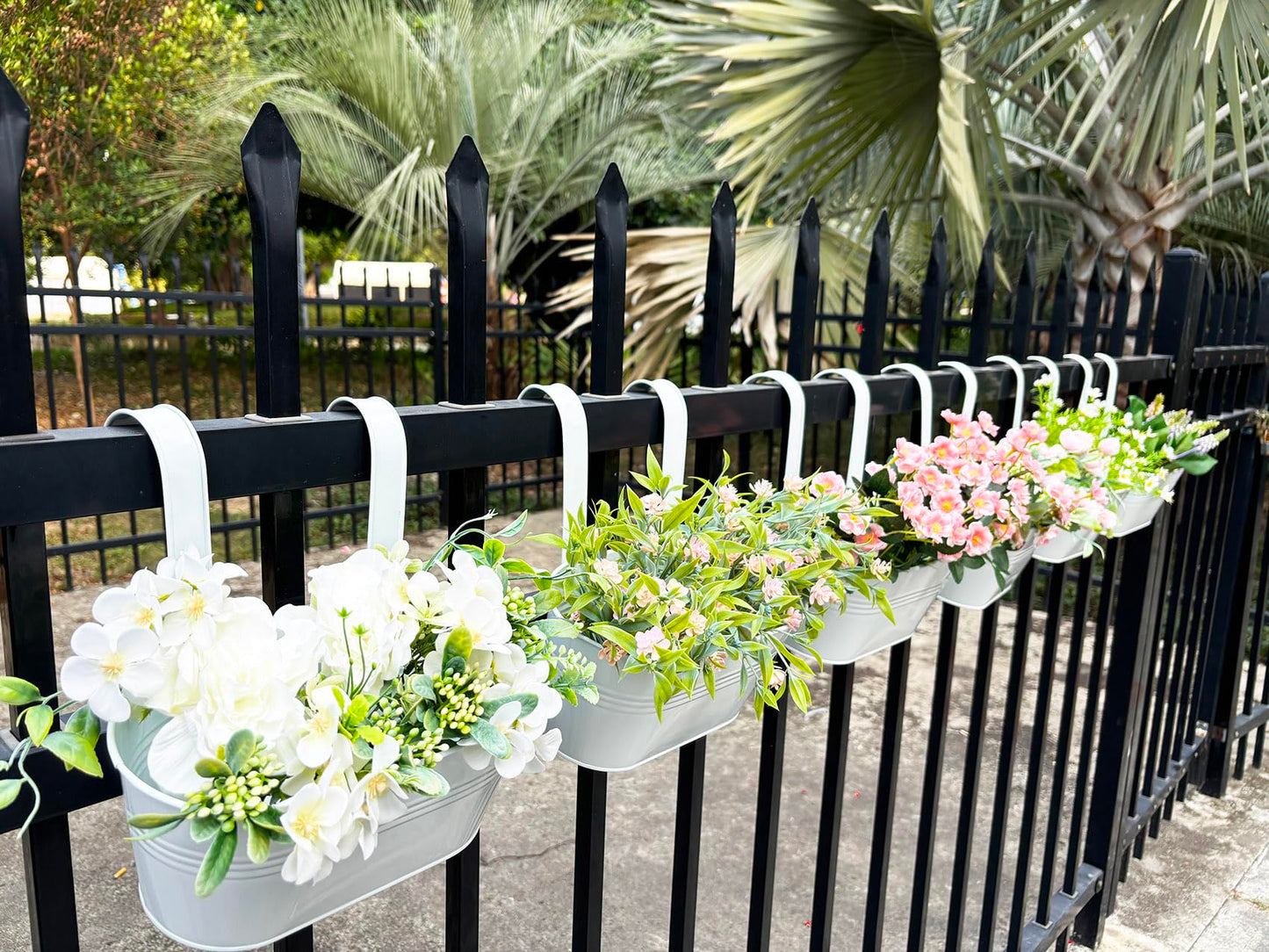 Joyfernal 12" Balcony Railing Planters, Outdoor Hanging Planter for Fence, Stylish Metal Porch Deck Flower Pot for Herbs & Succulents (White, Pack of 2)