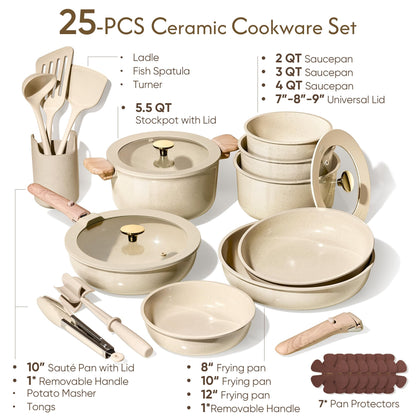 CAROTE 25PCS Ceramic Cookware Set, Pots and Pans set Non Stick, RV Kitchen Cooking Set Removable Handles, Oven Safe, Induction Cookware, Non-toxic Kitchen Cooking Set, PFAS and PFOA Free