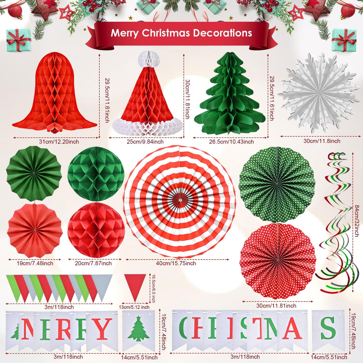Ahfulife Christmas Party Decorations Supplies Set, Reusable Xmas Decor Kit Indoor - Merry Christmas Sign Banner for Home, Xmas Pennant Banner, Hanging Paper Tissue Fan Tree Garland