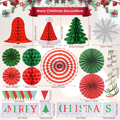 Ahfulife Christmas Party Decorations Supplies Set, Reusable Xmas Decor Kit Indoor - Merry Christmas Sign Banner for Home, Xmas Pennant Banner, Hanging Paper Tissue Fan Tree Garland