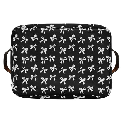 Wamika Black White Bow Storage Basket with Waterproof Liner and PU Handles Coquette Bowknot Storage Bins Boxes 14.2" Collapsible Decorative Organizer Baskets for Bedroom Closet Office 1 Pack