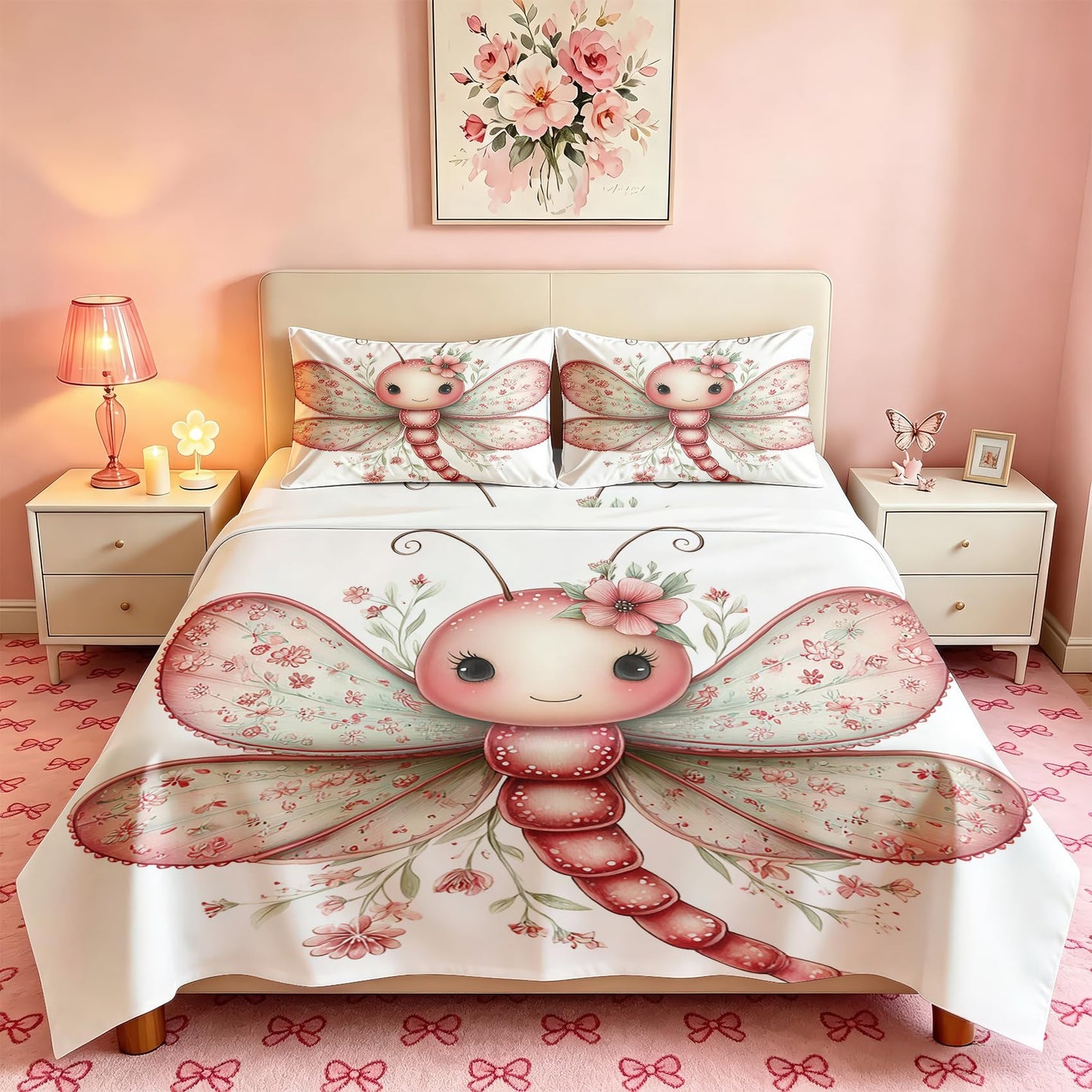 Cute Dragonfly Full Bedding Set Girls Kawaii Sheet Sets