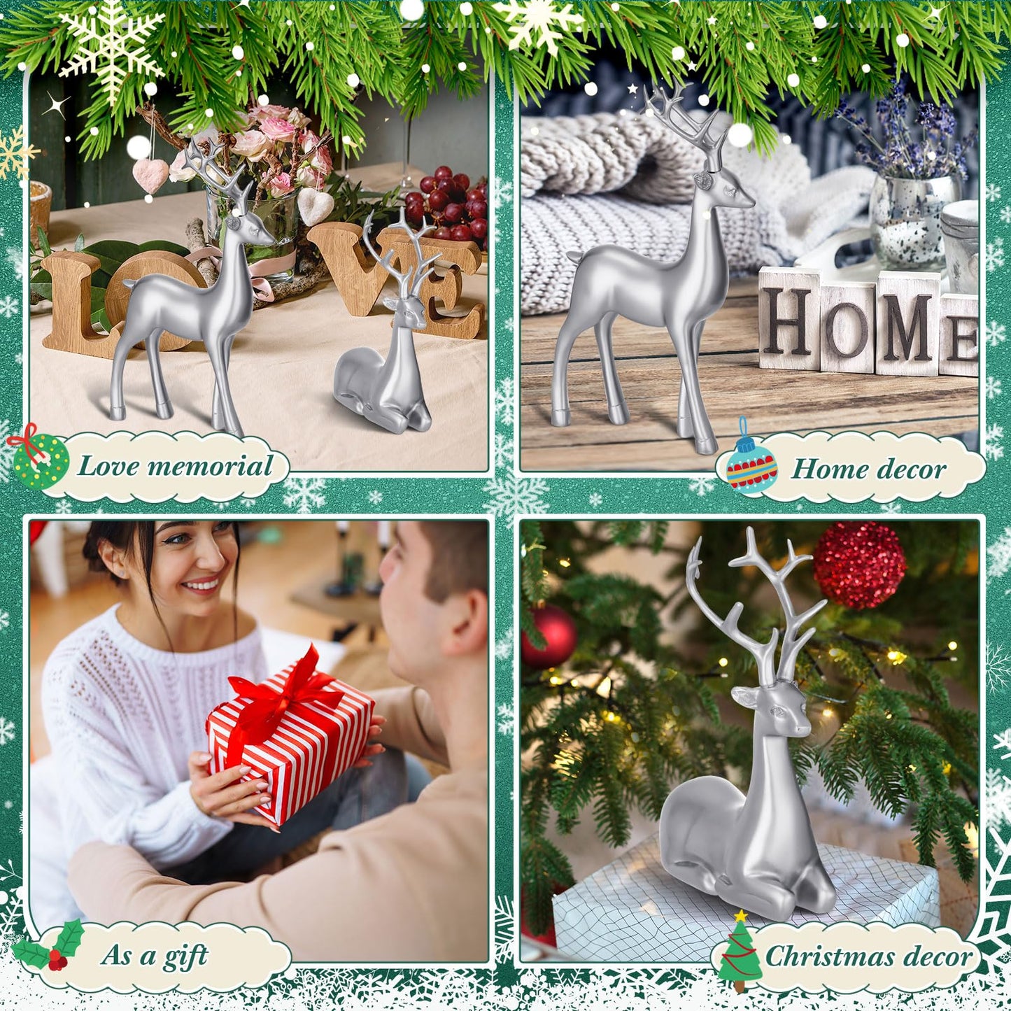 Thyle 4 Pcs Christmas Reindeer Decor Small Resin Standing Sitting Deer Figurine Mini Reindeer Christmas Table Decoration for Home Indoor Xmas Holiday Small Statue Rustic Table Decor(Silver)