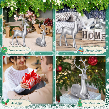 Thyle 4 Pcs Christmas Reindeer Decor Small Resin Standing Sitting Deer Figurine Mini Reindeer Christmas Table Decoration for Home Indoor Xmas Holiday Small Statue Rustic Table Decor(Silver)