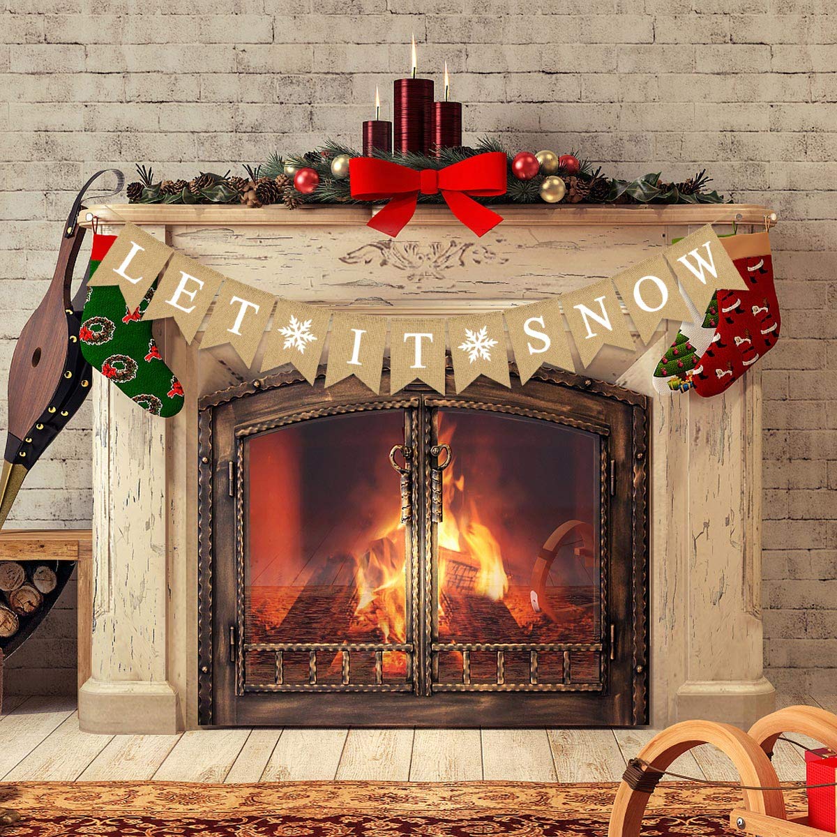 Rainlemon Jute Burlap Let It Snow Banner with Snowflake Winter Christmas Party Fireplace Mantel Garland Decoration