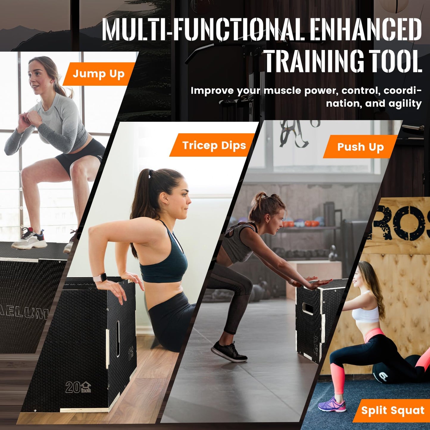CAELUM 3-in-1 Wooden Plyo Box – Non-Slip Jump Box for Home & Gym, Heavy-Duty 400lbs Plyometric Box for Step-Ups, Squats, Strength & Agility Training 16" x 13" x 12"