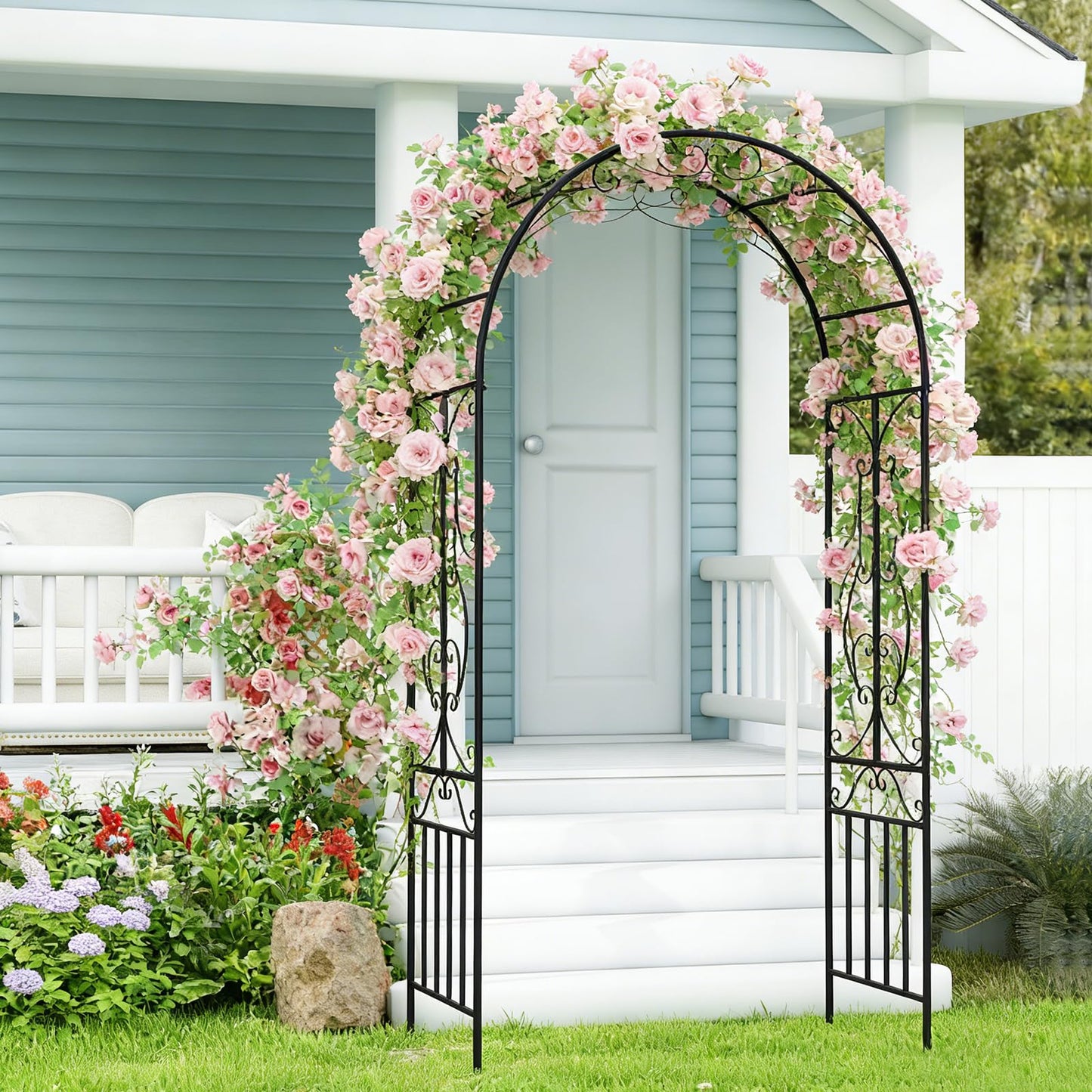 kinbor Garden Arches and Arbors Outdoor Black Metal Arbor for Climbing Plants Vines Roses Wedding Archway