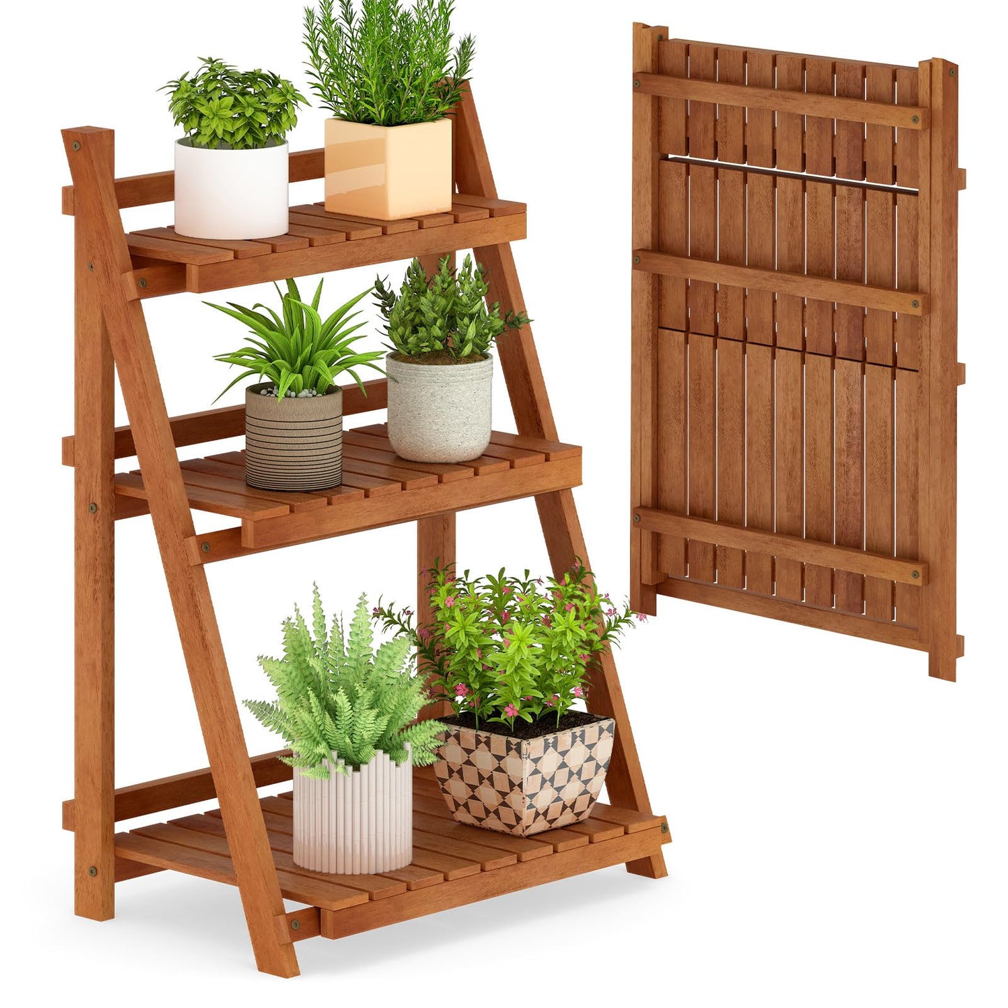 Giantex Foldable Ladder Plant Shelf, 3-Tier Solid Wood Indoor Outdoor Flower Pot Display Rack, Corner Storage Bookshelf, Freestanding Tiered Plant Stand for Garden Patio Balcony, No Assembly