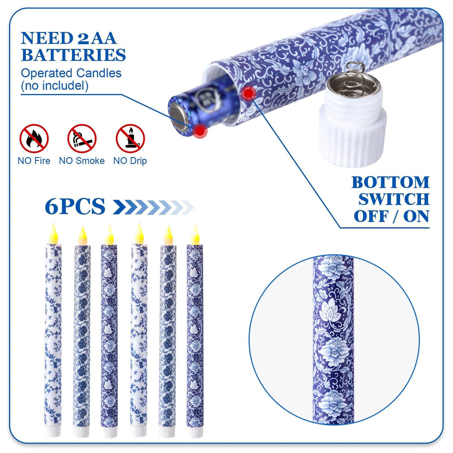 Baquler 6 Pcs Chinoiserie Flameless Candles Coastal Chinoiserie Decor 10.6 Inch Blue and White Battery Operated Led Candlesticks for Holiday Wedding Party Summer Table Centerpiece Home Mantel Decor