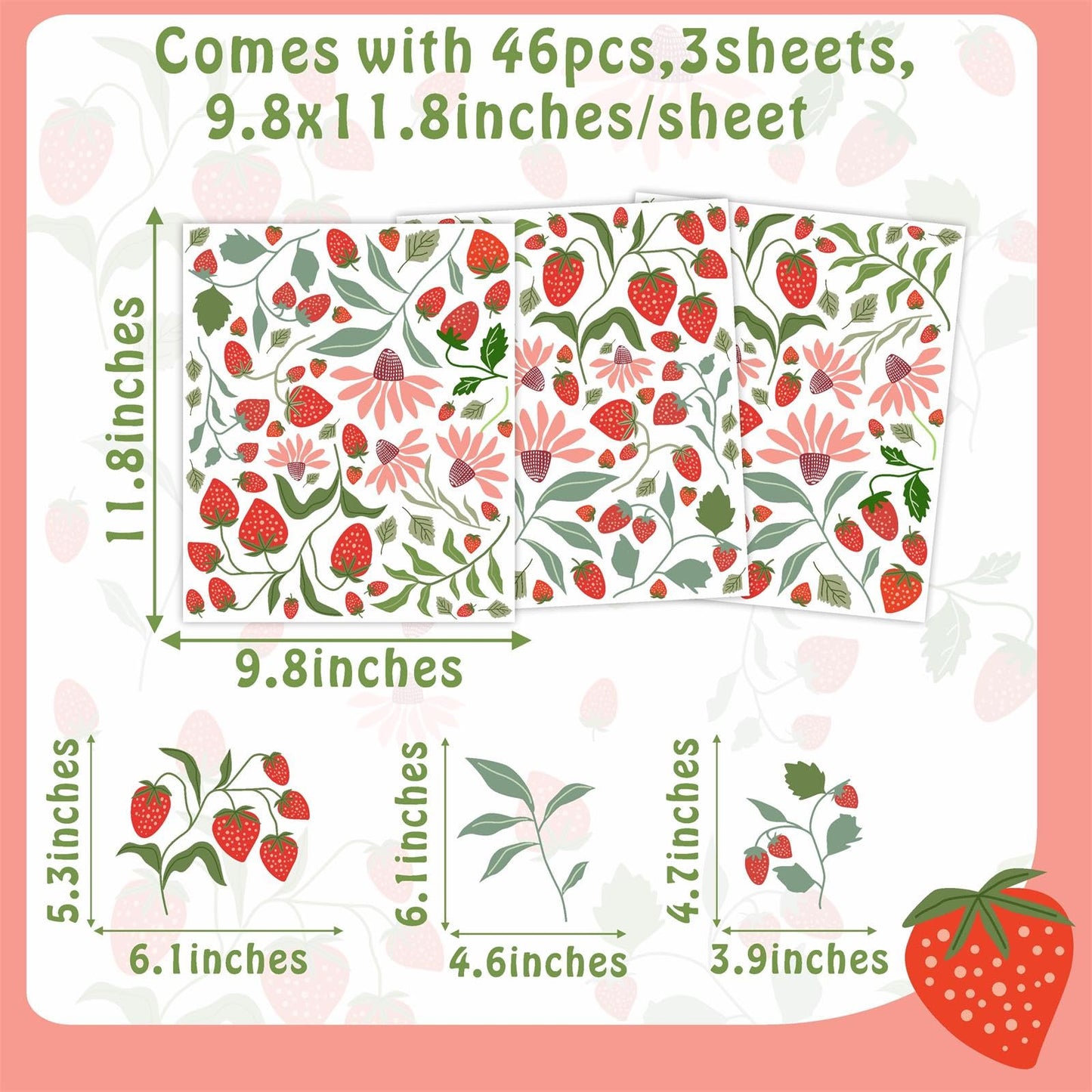 Strawberry Wall Decals Berry Fruit Wall Stickers Floral Leaf Fruits Leaves Stickers Cute Strawberries Wall Sticker Removable Berries Strawberry Decals for Nursery Girls Room Bedroom Decor
