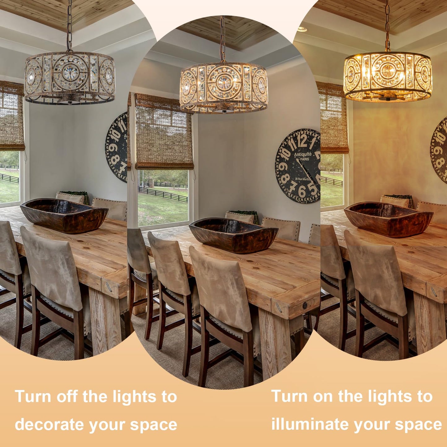 Zicbol Bronze Vintage Crystal Chandeliers for Dining Room 14.17" Drum Pendant Lights, Dining Room Light Fixtures Over Table, Hanging Chandelier for High Ceiling Kitchen Island Living Room Foyer