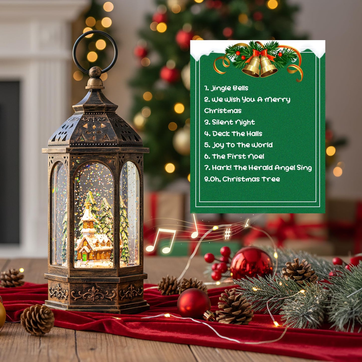 Christmas Snow Globe Lantern Lighted Holiday Village Church with Music& Timer, USB Lined/Battery Operated Lighted Lantern for Christmas Festival Decoration Gifts