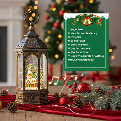 Christmas Snow Globe Lantern Lighted Holiday Village Church with Music& Timer, USB Lined/Battery Operated Lighted Lantern for Christmas Festival Decoration Gifts