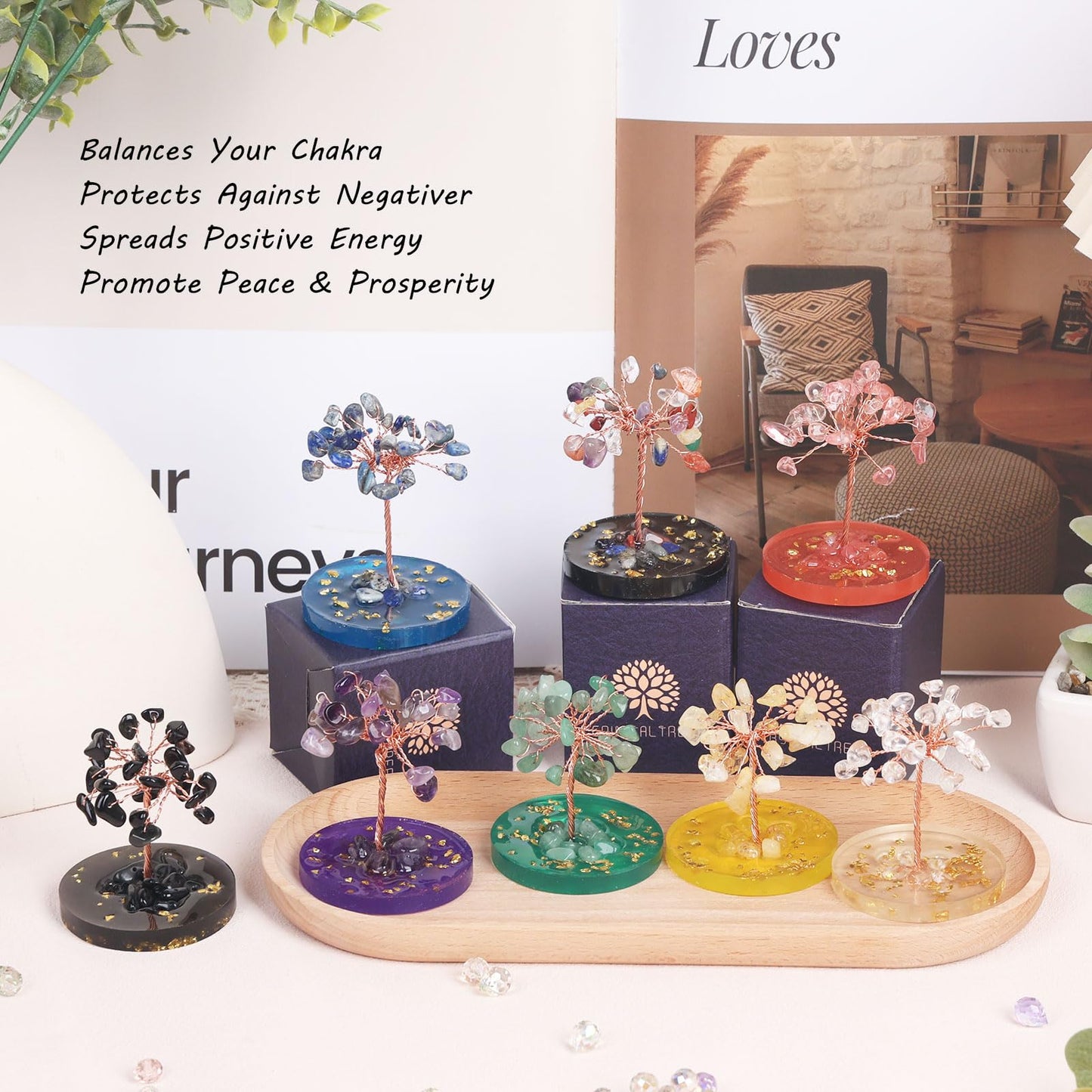 Pretty Jolly Small Mini 7 Chakra Healing Stones Crystals Tree of Life Positive Energy Gemstone Money Tree Meditation Reiki Gifts with Acrylic Glue Base for Home,Office,Desk Feng Shui Decor(White)