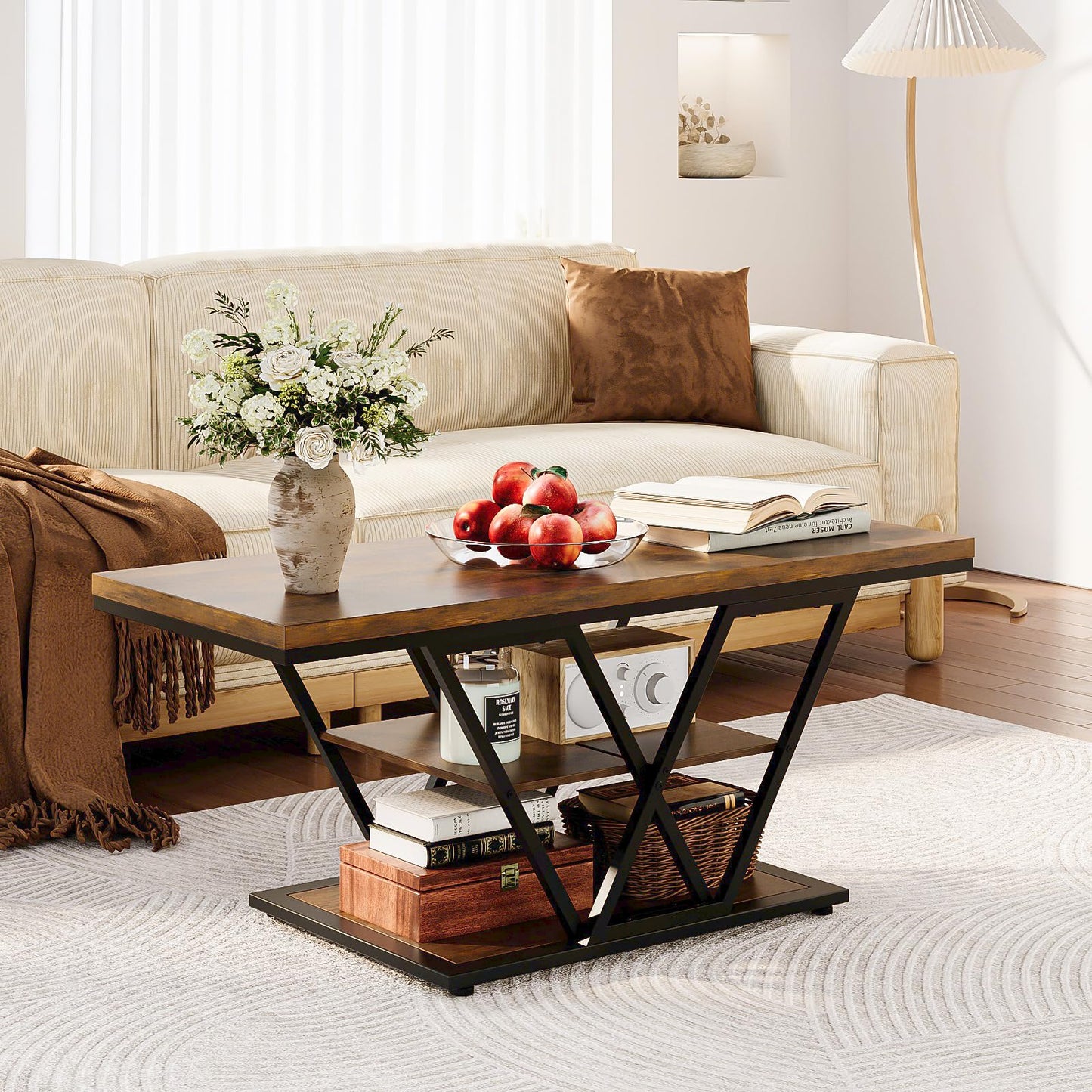 Espelism Coffee Table with Storage Industrial 3 Tier Center Living Room Table Farmhouse Wooden Rectangle Cocktail Rustic Tea Table for Office Bedroom(Brown)