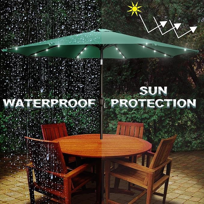 Blissun 9 ft Solar Umbrella, Patio Umbrella with 32 LED Lights, Outdoor Table Market Umbrella for Garden, Deck, Backyard (Seaglass)