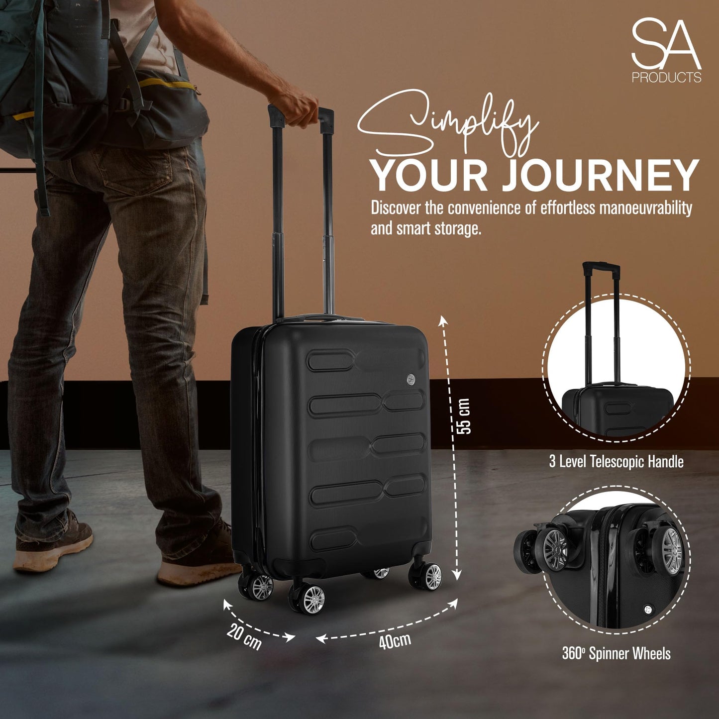 SA Products Cabin Suitcase | 34L Carry On Suitcase, Cabin Bag 55x40x20 with Combination Lock | Hard Shell Suitcase with 4 Wheels Cabin Luggage, Cabin Bags 55 x 40 x 20 Approved (Black)
