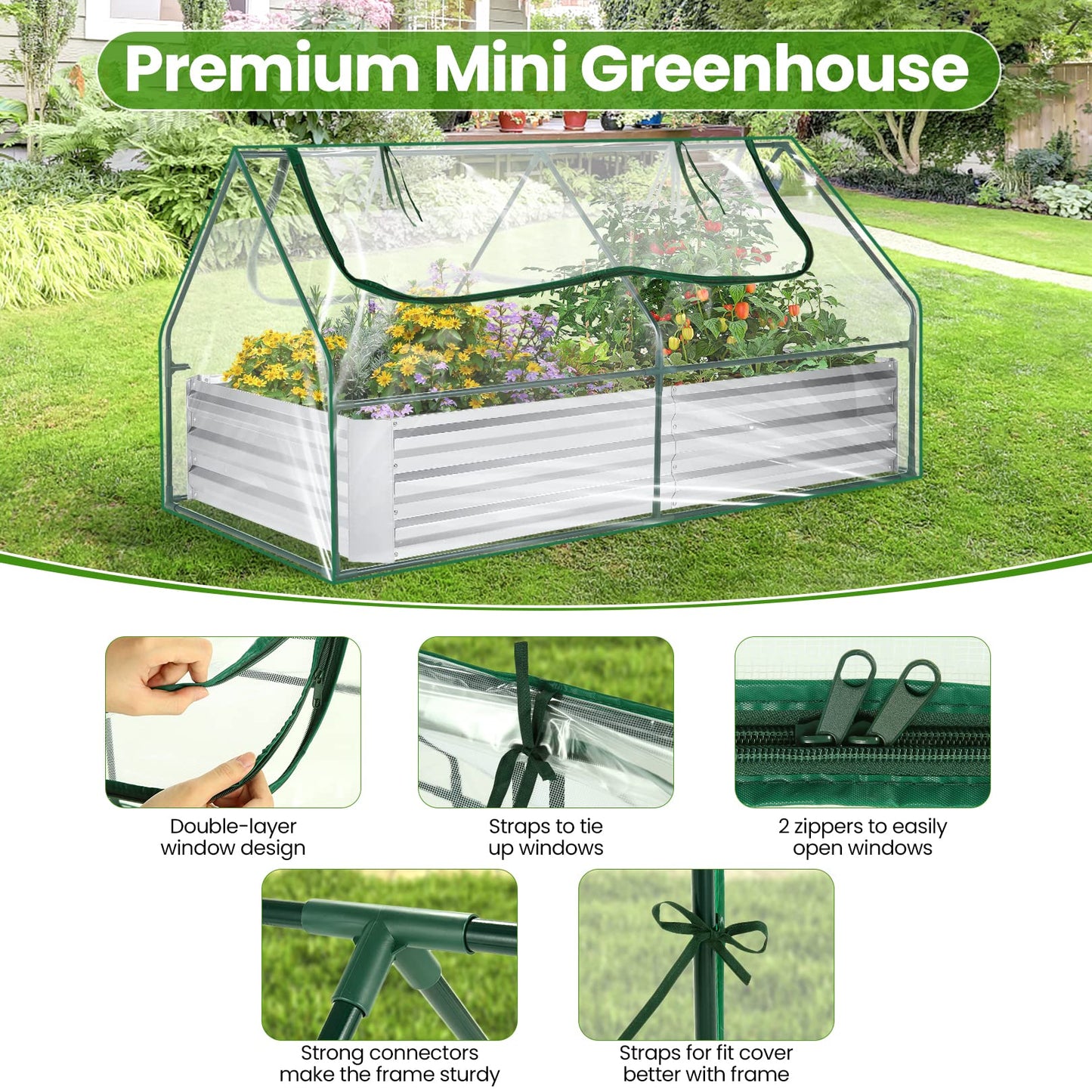 6x3x3ft Galvanized Raised Garden Bed with Cover, Extra-Thick Metal Planter Box Kit w/ 2 Roll-Up Large Screen Windows Mini Greenhouse &1 Pair of Gloves for Growing Vegetables Fruits Flower, Clear