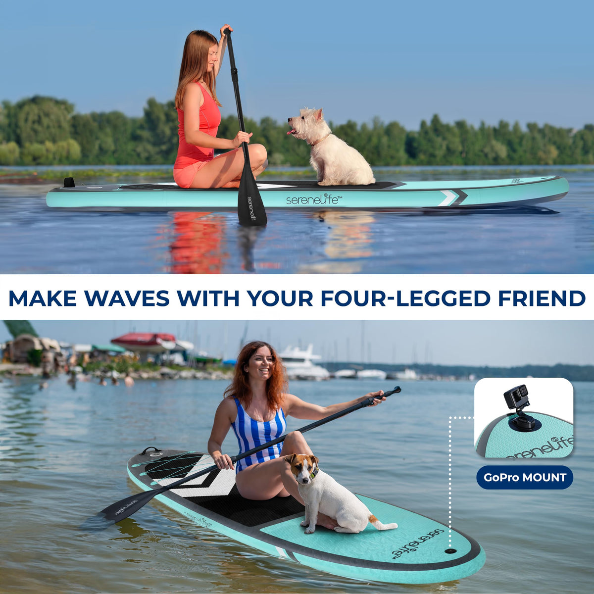 SereneLife XL Inflatable Stand Up Paddle Board – Extra-Wide, Pet & Family-Friendly SUP for Adults, Kids & Pets – Non-Slip Deck, Lightweight Stable Design, Premium Accessories - 440 lbs Capacity