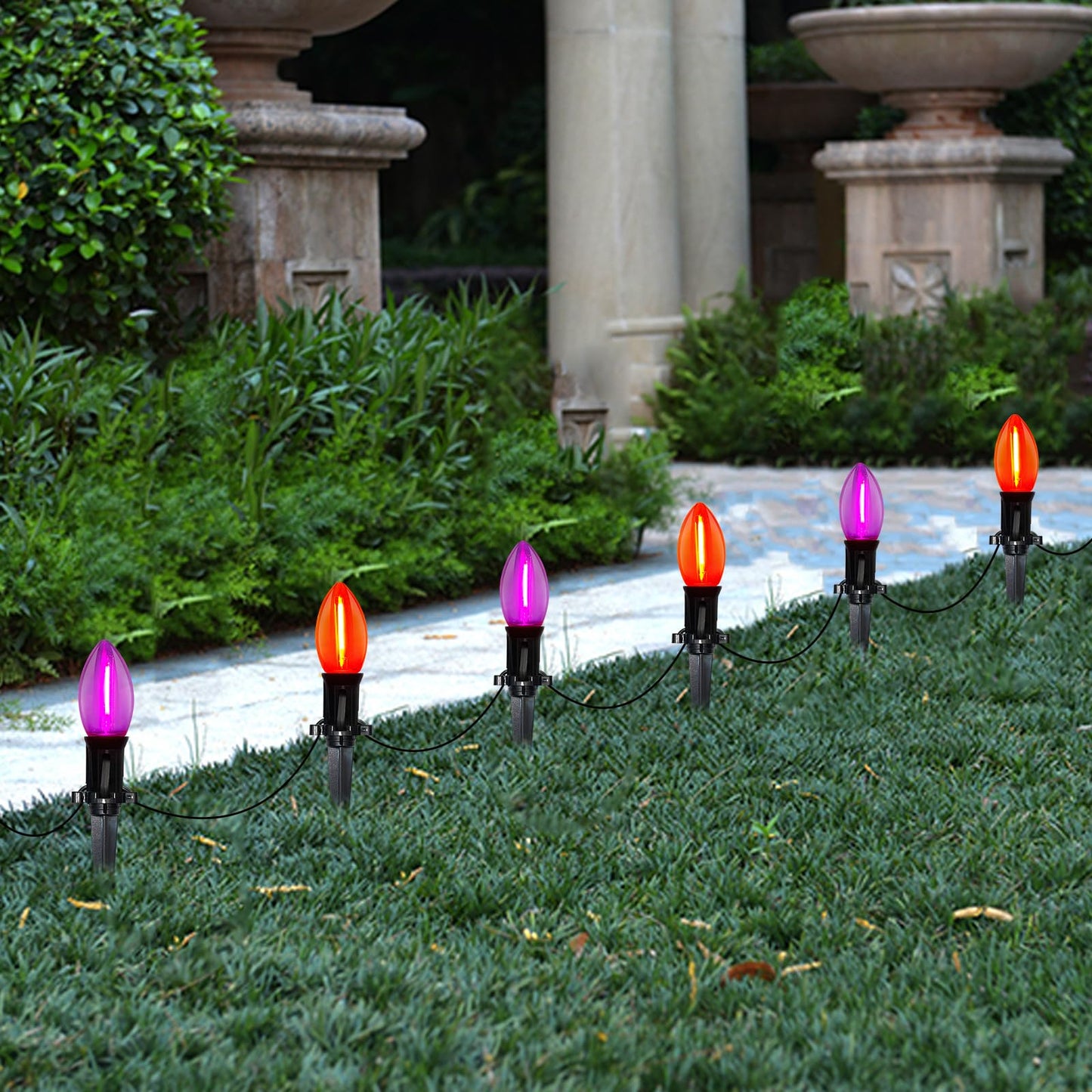 Halloween Pathway Lights Outdoor, 19.5Ft Orange Purple Halloween String Lights with 10 C9 LED Bulbs and Stakes, Connectable Outdoor Waterproof Marker Stake Lights for Halloweens Path Yard Lawn, Garden