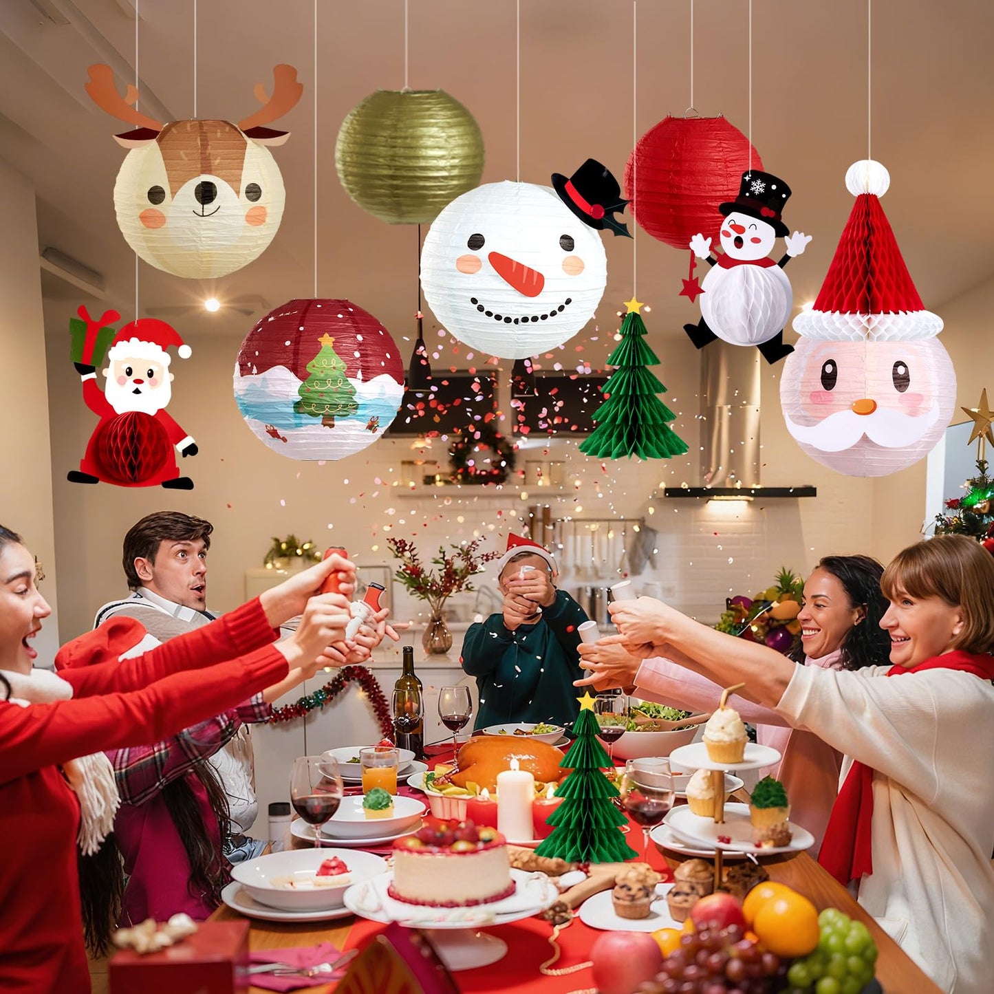 Christmas Paper Lanterns Hanging Classroom Christmas Decorations Ceiling Party Decorations Including 3D Xmas Hat, Santa Claus, Snowman Christmas Trees Honeycomb, for Xmas Holiday Home Indoor 11 PCS