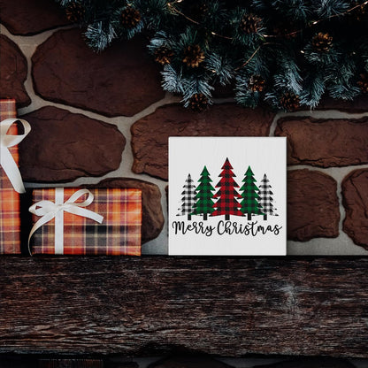 Funny Christmas Trees Wooden Box Sign Plaque Merry Christmas Wood Box Sign Rustic Art Home Shelf Desk Decor christmas tree decorations 5 x 5 x 1 Inches