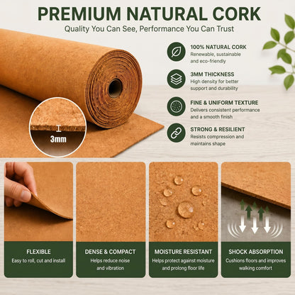 200 Sq. Ft. Cork Roll 48 x 600 Inch Cork Underlayment Roll Sound Insulation Mildew and Moisture Proof for Office Home School DIY Supplies(3mm Thick)