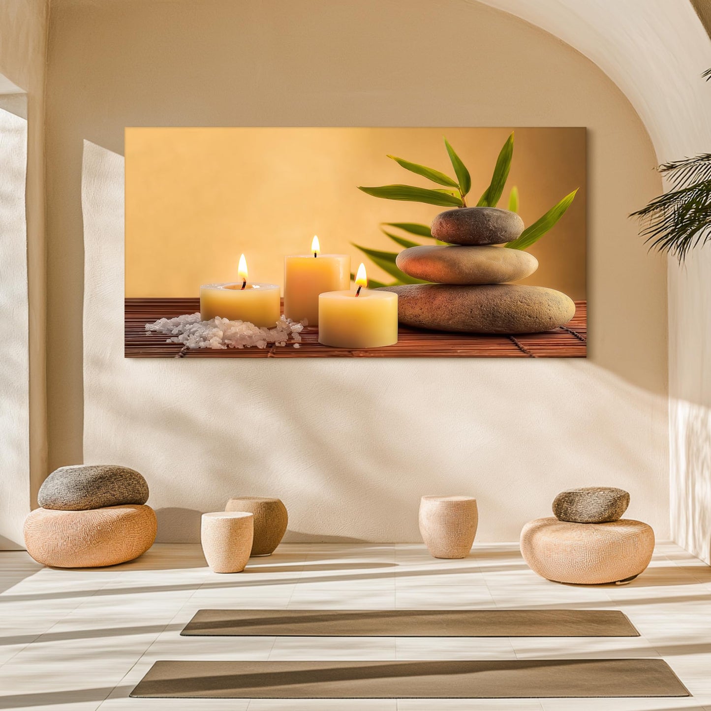 SLYCAY Oversized Large Meditation Zen Stone Canvas Wall Art, Yellow Candle Spa Wall Decor Minimalist Neutral Calming Prints Yoga Room Bathroom Bedroom Office Living Room 29"X58"
