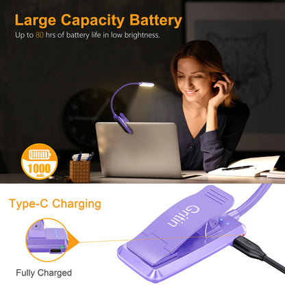Gritin 9 LED Rechargeable Book Light for Reading in Bed - Eye Caring 3 Color Temperatures,Stepless Dimming Brightness,80 Hrs Runtime Small Lightweight Clip On Book Reading Light for Studying
