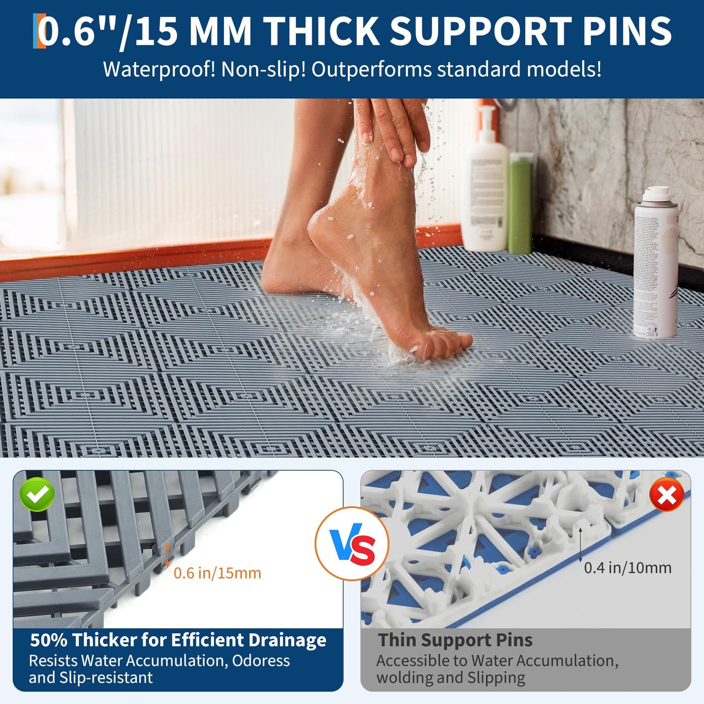 Interlocking Floor Tiles 100 Pack 12"X12" Waterproof Modular Cushion Mats, Non-Slip Drainage Tiles for Garage Floor, Gym, Pool Deck, Patio & Outdoor Shower,Grey