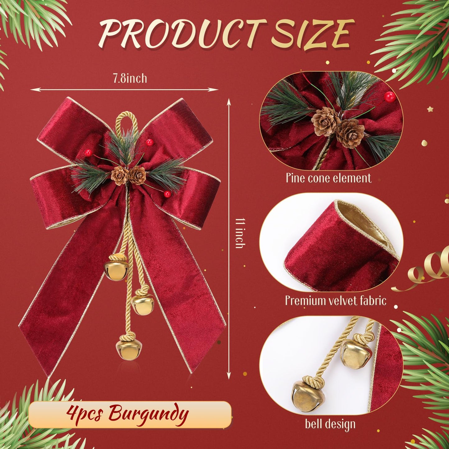 Yinkin Christmas Tree Wreath Bow Christmas Ribbon Bows with Bells 11 x 7.8 in Velvet Pine Cone Bowknot Xmas Tree Hanging Ornaments Decor for Home Xmas Party Outdoor Indoor(Burgundy,4 Pcs)
