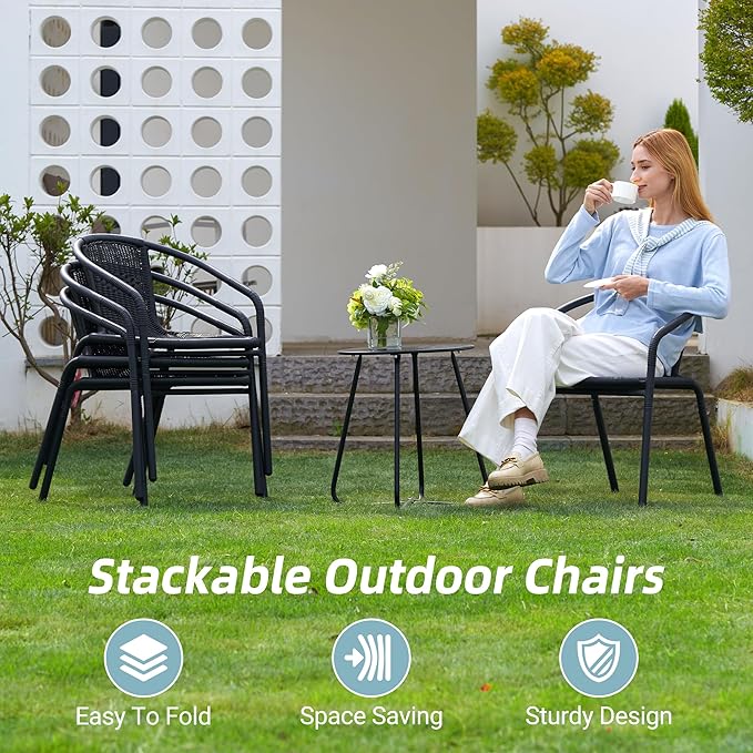 Amopatio Outdoor Dining Chairs Set of 4, Stackable Patio Chairs, Rattan Wicker Patio Chairs Set of 4, Bistro, Garden, Yard, Porch, Black