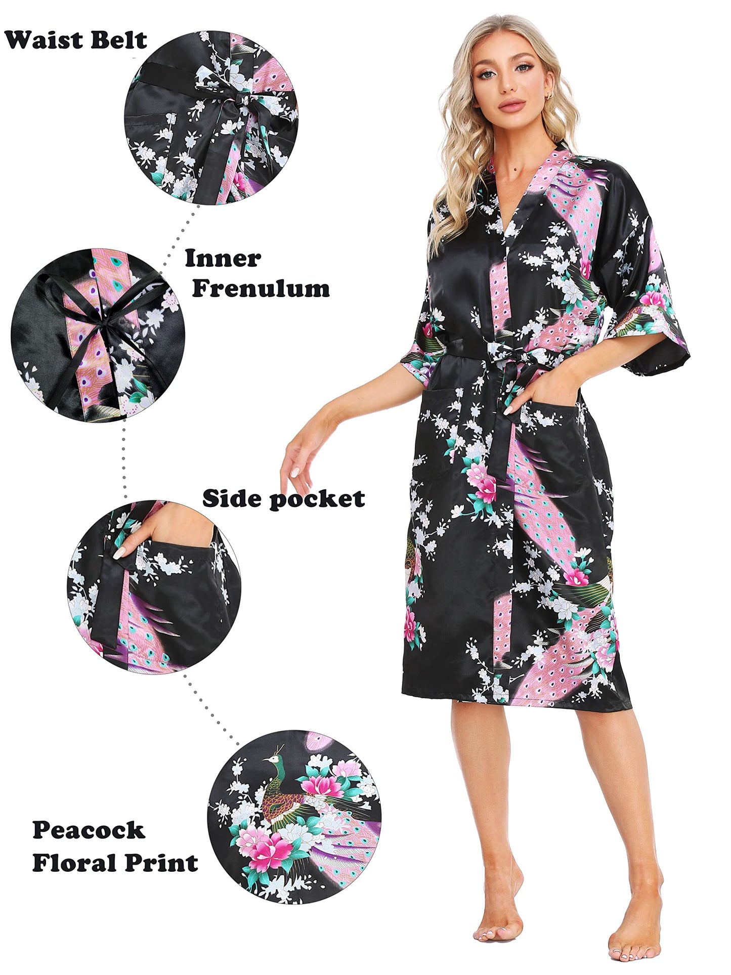 Lovasy Kimono Dressing Gowns Satin Kimono Robe Peacock and Blossoms Silk Dressing Gown for Women UK Long Silk Bride and Bridesmaid Robes,Black,XL