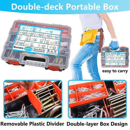 Bemaka 202Pcs Hitch Pins Clip Pins Assortment Kit, Heavy Duty Hitch Pins R Clip, Linch Pins, PTO Pins Trailer Truck Towing Tractor Accessories Three-Point Accessories for Lawn Garden Farm Equipment