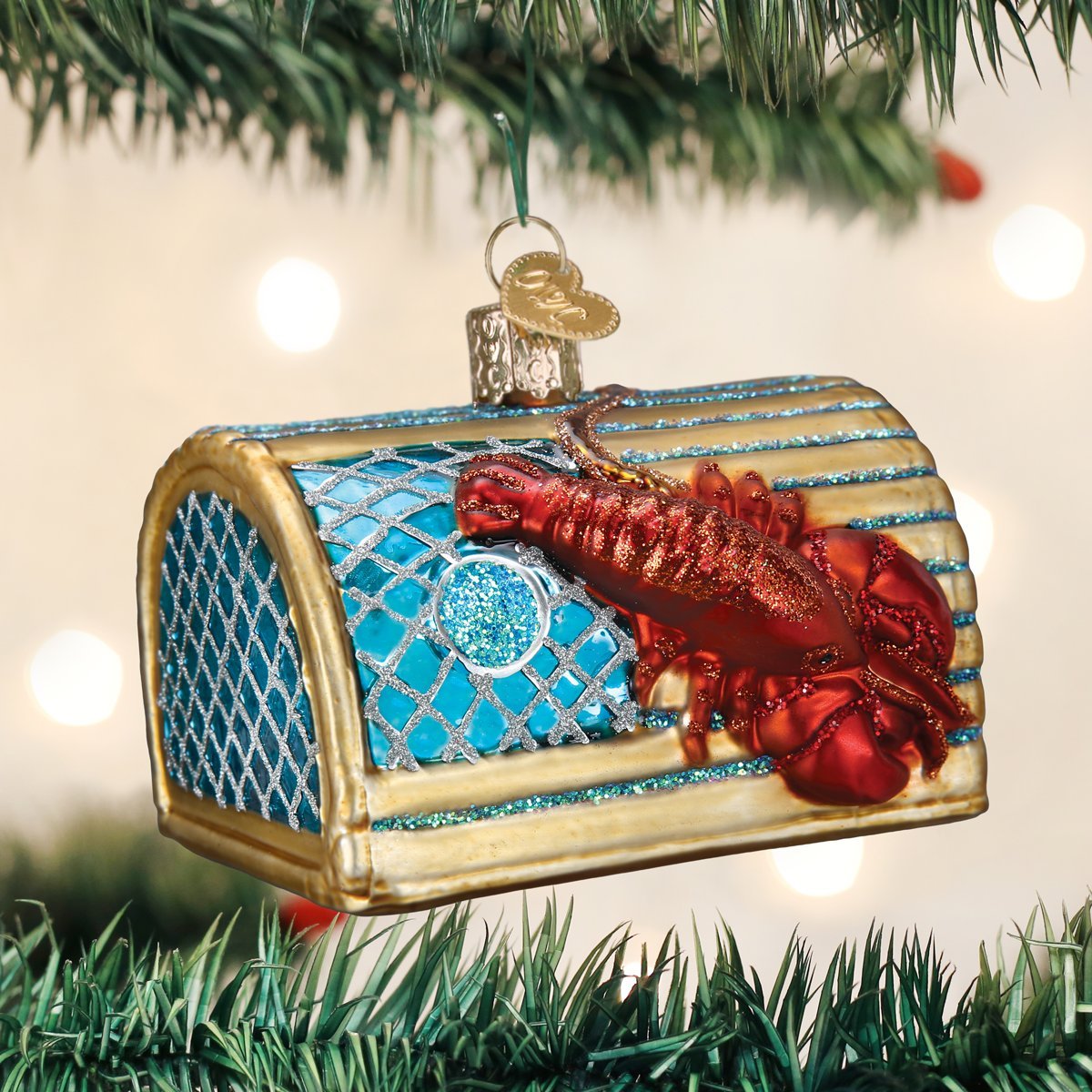 Old World Christmas Lobster Trap Glass Blown Ornament for Christmas Tree, Handcrafted Holiday Decoration, Sea Collection