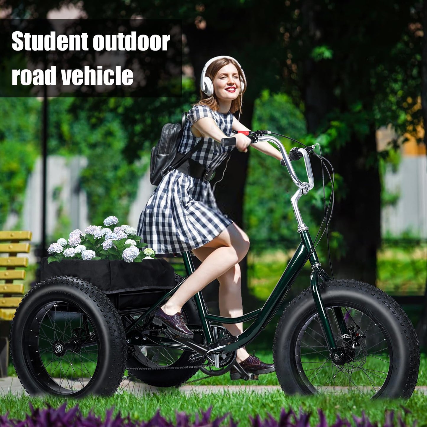 20 Inch Adult Tricycle 7 Speed, Fat Tire Trike Drift Tricycle with Double Disc Brake, High Carbon Steel 3 Wheel Bike for Seniors Adults 450 Lbs Capacity Shopping Basket Cruiser Bicycle (Black)