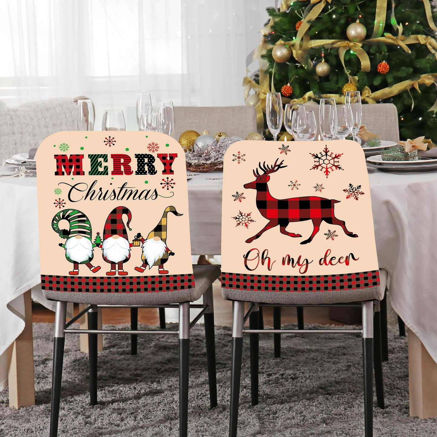Ganeen 6 Pcs Christmas Chair Cover Buffalo Plaid Dining Chair Santa Claus Hat Shoes Felt Slipcovers Merry Christmas Back Covers for Banquet Kitchen Holiday Party Decoration(Vibrant Style)
