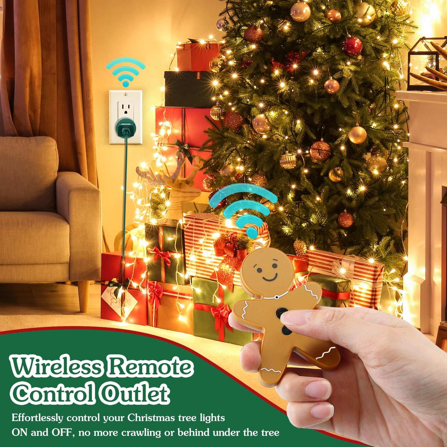 Enhon Wireless Remote Switch for Christmas Tree Lights, Works Up to 82 Feet Away, Gingerbread Man Wireless Remote with Electrical Outlet for Christmas Tree and Light