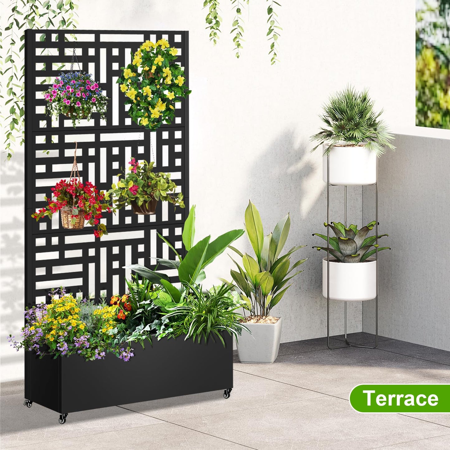 Meyoppm 72"x35"x16" Metal Planter Box with Trellis, Galvanized Steel Raised Garden Bed with Lockable Casters & Drainage Holes, Outdoor Large Planter Box for Climbing Plants, Vegetables & Flowers