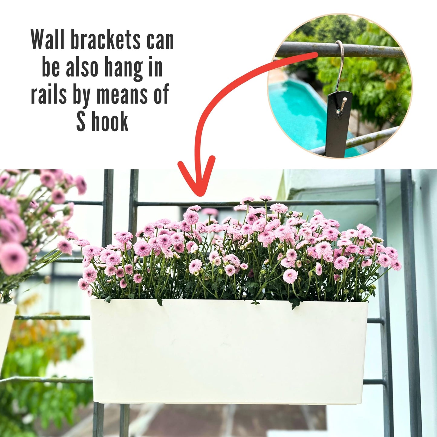 LaLaGreen Wall Planter for Outdoor (2 Pack, 14 Inch) Wall Mounted Self Watering System White Flower Box with Bracket, Window Wall Hanging Rectangular Plant Pot Container Indoor Modern Herb Kitchen