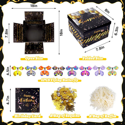 FVNPIHAM Surprise Gift Box Explosion, Birthday Flying Butterfly Explosion Gift Box with 8 Colorful Butterfly Sequins Raffia, Exploding Gifts Boxs for Birthday Gifts Wrapping