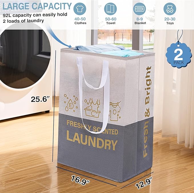 ELONG HOME 2 Pack Laundry Baskets, 92L Freestanding Laundry Basket