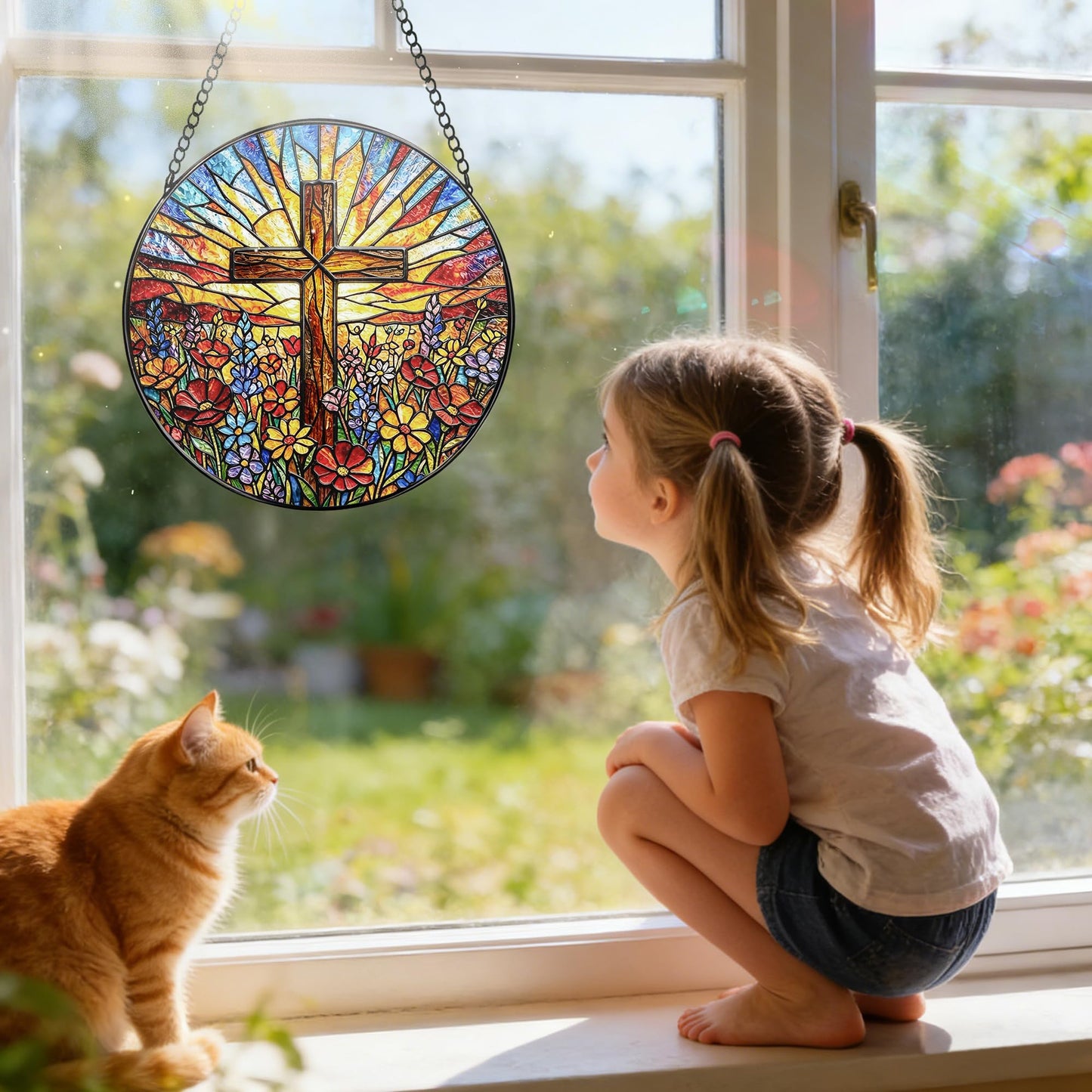 Stained Glass Window Hanging, 7.8 Inch Stained Glass Cross Suncatcher, Christian Window Hanging, Suncatcher for Windows, Doors & Home Decor, Church Decor, Christian Gifts, Religious Gifts & Cross Gift