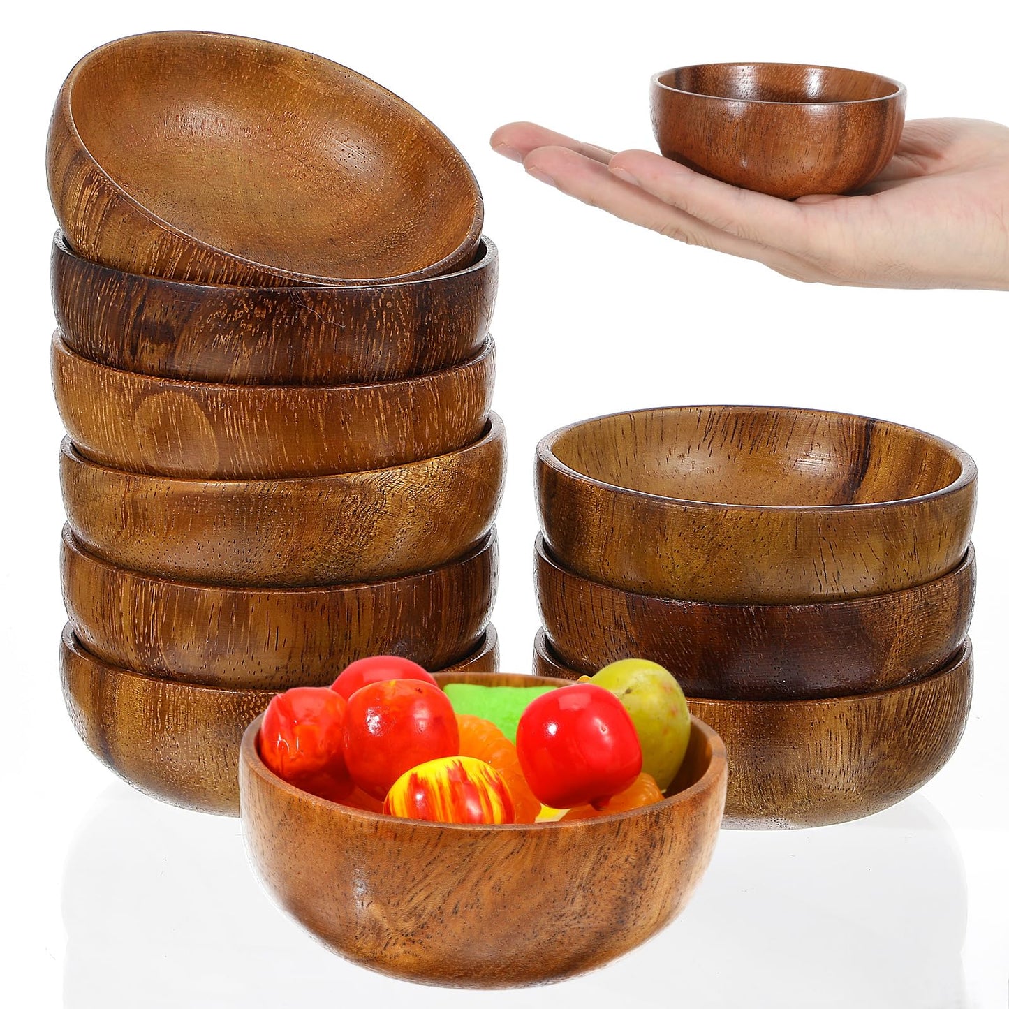 JIEYAO 10-Piece 3" Acacia Wood Bowl Set, Rustic Style, Small Wooden Salad Bowls, Hand Carved, Jointless, No Oiling Required
