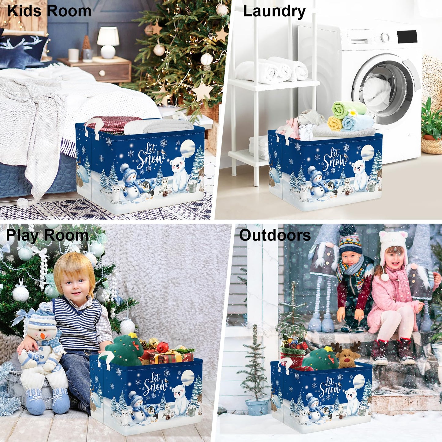 Clastyle Winter Animals Storage Basket Christmas Snowman Penguin Gift Basket Kid Polar Bear Deer Owl Seal Nursery Bin Large Clothes Toy Book Shelf Basket Cube