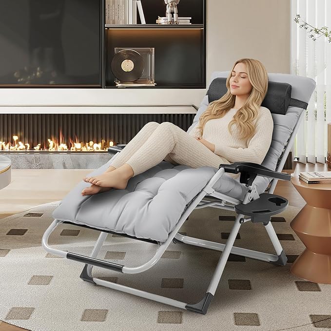 VINGLI 29" Padded Zero Gravity Chair, Lounge Chair with Removable Cushion & Tray， Folding Reclining Patio Chairs， Recliner Chair for Lawn，Indoor Outdoor-Grey