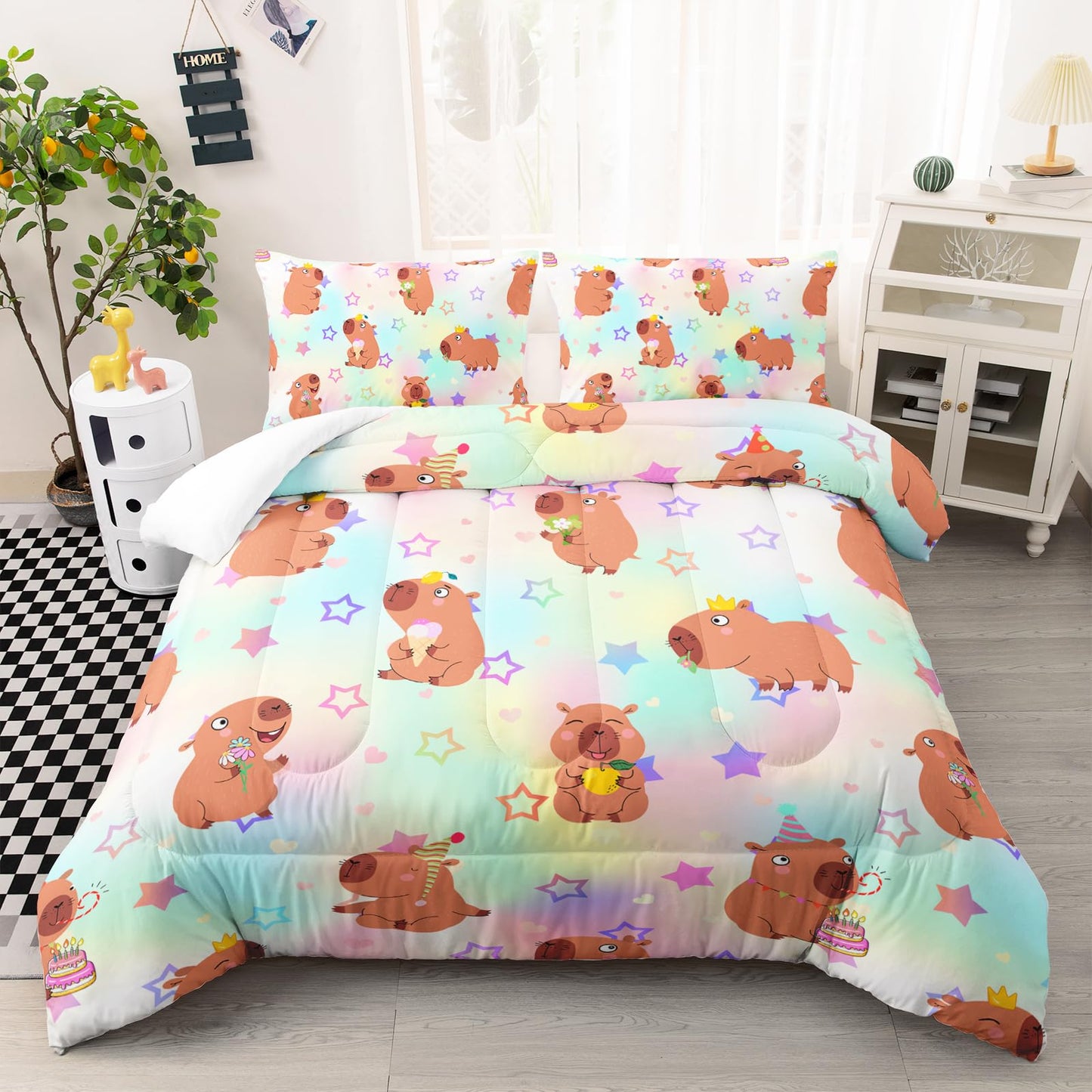 AILONEN Kawaii Capybara Comforter Set Full Size,Cute Cartoon Capybara Rainbow Bedding Set for Girls Kids,Lovely Animal Star Quilt & 2 Pillowcases-3 Pieces