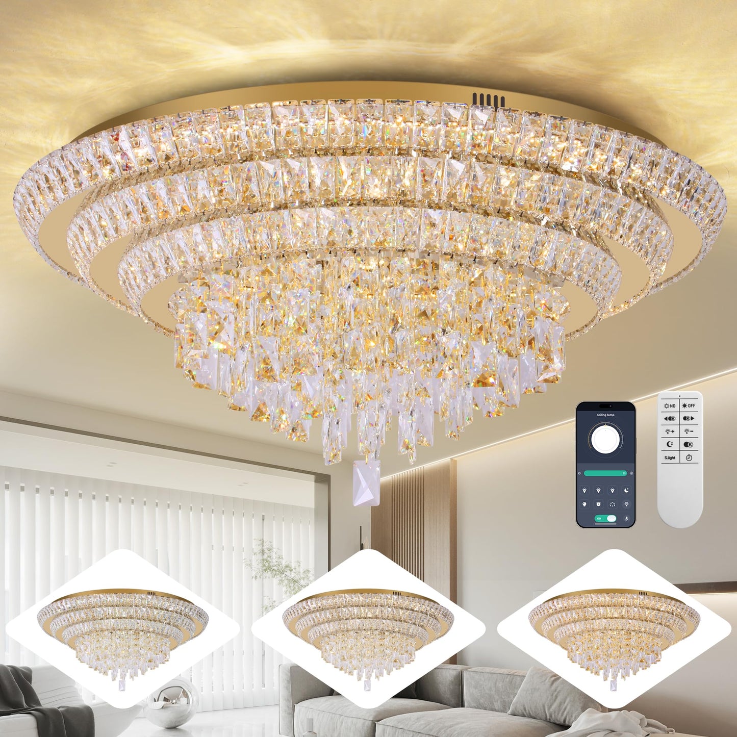 30 inch Crystal Gold Ceiling-Light Flush Mount With Remote Control and APP, 3CCT Dimmable & Brightness Adjustable, Modern Crystal Raindrop Chandeliers for Bedroom Hallway Dinning Room Living Room