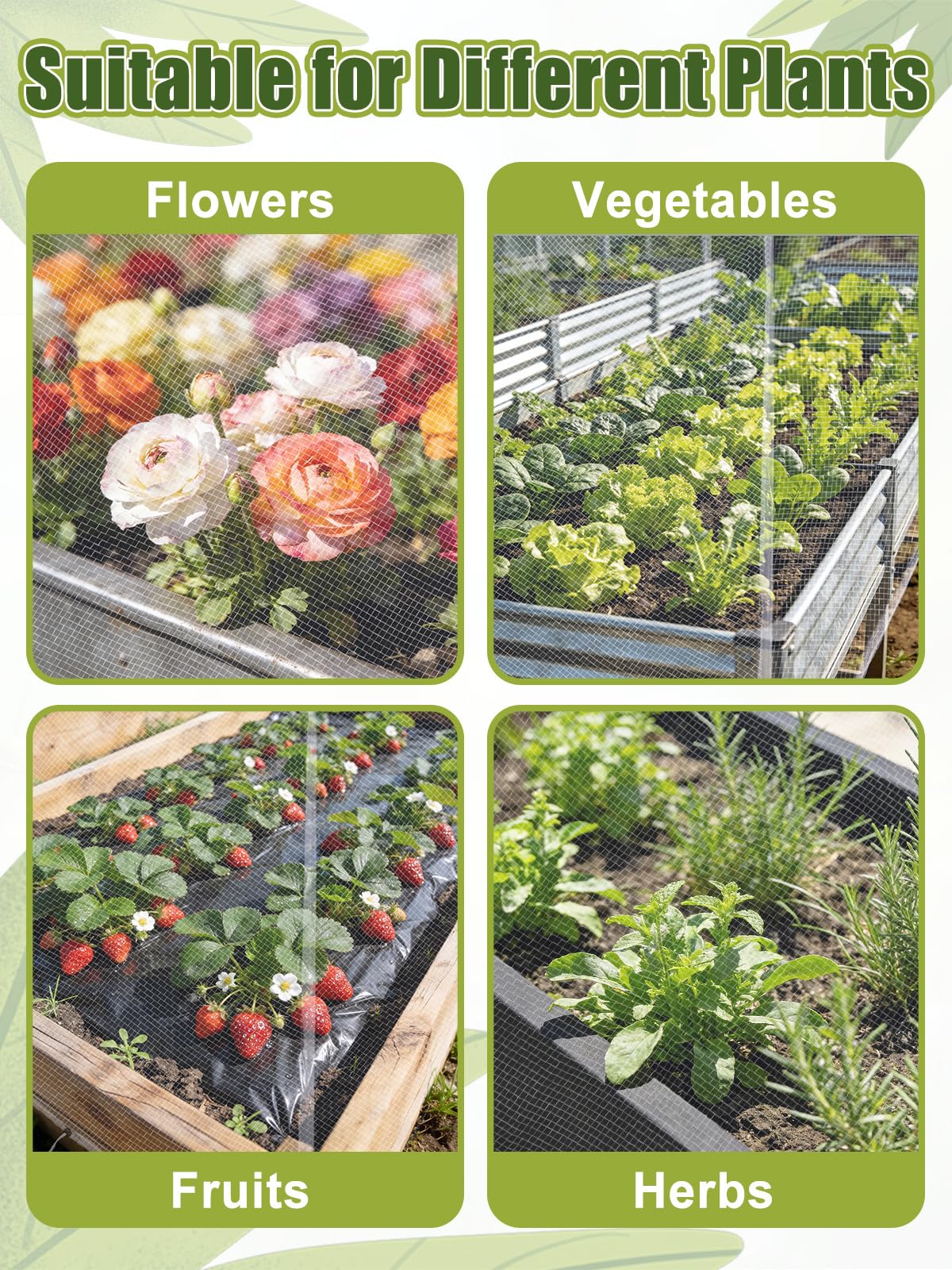 2 pcs Windproof Garden Netting for Raised Beds (4ft L x 2ft W x 1ft H) - 60 Mesh Bird Netting Garden Bed Cover with Drawstring & 40 Clips for Vegetables Flowers, Excluding Hoops or Frames