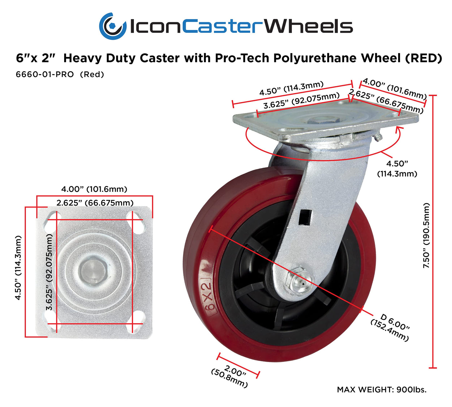 IconCasterWheels 6 inch PRO-TECH Polyurethane Non-Marking Heavy Duty Swivel Caster Wheels Set of 4-4 Swivel, 4" x 4.5" Top Plate, Industrial Plate Casters, 3600 LBS Load Capacity Per Set, Red